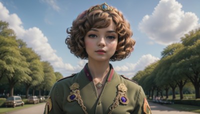 1girl,solo,looking at viewer,short hair,brown hair,brown eyes,jewelry,upper body,outdoors,parted lips,sky,day,cloud,necklace,blurry,uniform,tree,blue sky,lips,military,military uniform,cloudy sky,tiara,crown,ground vehicle,portrait,motor vehicle,freckles,curly hair,realistic,blush,bangs,blurry background,sunlight,gem,scenery,car,road