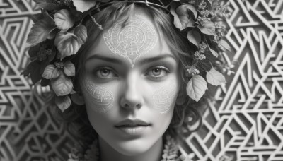 1girl,solo,looking at viewer,short hair,hair ornament,closed mouth,monochrome,flower,greyscale,parted lips,hair flower,blurry,lips,eyelashes,tattoo,leaf,facial mark,portrait,realistic,nose,lying,on back,expressionless,close-up