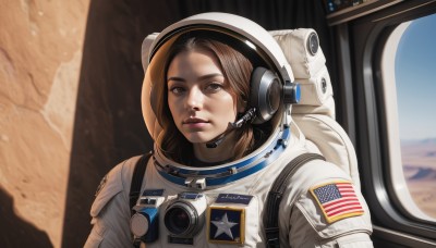 1girl,solo,looking at viewer,brown hair,brown eyes,closed mouth,upper body,lips,helmet,headset,reflection,realistic,nose,american flag,spacesuit,japanese flag,pilot,space helmet,astronaut,day,bag,blurry,blurry background,backpack,portrait,microphone,forehead,science fiction,space,planet,earth (planet),spacecraft,united states,american flag print