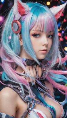 1girl,solo,long hair,breasts,looking at viewer,bangs,large breasts,animal ears,cleavage,bare shoulders,medium breasts,closed mouth,blue hair,upper body,pink hair,multicolored hair,cat ears,blunt bangs,black eyes,collar,two-tone hair,lips,animal ear fluff,grey eyes,eyelashes,aqua hair,gradient hair,makeup,headgear,realistic,nose,cable,choker,nail polish,blurry,fingernails,science fiction