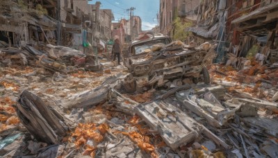 outdoors,sky,day,tree,blue sky,no humans,ground vehicle,building,scenery,motor vehicle,science fiction,city,car,road,ruins,power lines,street,utility pole,debris,destruction,rubble,post-apocalypse,broken window,1girl,solo,short hair,standing,from behind,cityscape