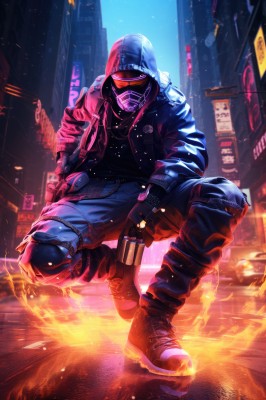 solo,looking at viewer,gloves,1boy,holding,jewelry,jacket,full body,weapon,male focus,boots,outdoors,open clothes,shoes,black gloves,pants,hood,fingerless gloves,black footwear,holding weapon,open jacket,gun,hoodie,mask,night,glowing,squatting,sunglasses,fire,denim,ground vehicle,building,holding gun,hooded jacket,motor vehicle,handgun,hood up,jeans,city,mouth mask,car,knee pads,one knee,police,cyberpunk,shirt,belt,blurry,black shirt,blurry background,helmet,sneakers,web address,science fiction,realistic,blue pants,city lights,neon lights