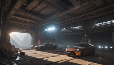 indoors,no humans,window,sunlight,ground vehicle,box,scenery,motor vehicle,science fiction,car,light,ruins,vehicle focus,shadow,sports car