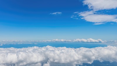 monochrome,outdoors,sky,day,cloud,water,blue sky,no humans,ocean,cloudy sky,scenery,blue theme,horizon,landscape,above clouds