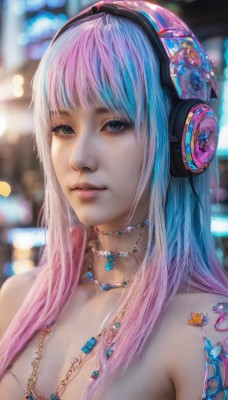 1girl,solo,long hair,breasts,looking at viewer,bangs,blue eyes,cleavage,bare shoulders,jewelry,medium breasts,blue hair,upper body,pink hair,multicolored hair,parted lips,necklace,blurry,two-tone hair,lips,eyelashes,tattoo,gradient hair,depth of field,blurry background,headphones,realistic,nose,large breasts,green eyes,portrait,bokeh