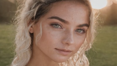 1girl,solo,long hair,looking at viewer,brown hair,black hair,closed mouth,green eyes,white hair,multicolored hair,outdoors,day,blurry,two-tone hair,lips,grey eyes,eyelashes,depth of field,blurry background,wavy hair,portrait,close-up,freckles,curly hair,realistic,nose,blonde hair,artist name,signature,sunlight,light smile,forehead