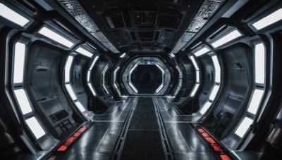 no humans,reflection,science fiction,realistic,cable,spacecraft,cockpit,seat,indoors,robot,scenery,machinery,screen,machine