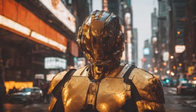 solo,1boy,upper body,male focus,outdoors,armor,blurry,no humans,depth of field,blurry background,helmet,robot,ground vehicle,building,motor vehicle,science fiction,city,car,power armor,humanoid robot,portrait,mecha,realistic,cityscape