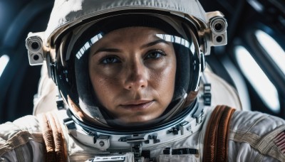 1girl,solo,looking at viewer,brown hair,brown eyes,closed mouth,upper body,blurry,lips,helmet,portrait,reflection,science fiction,realistic,american flag,spacesuit,space helmet,astronaut,1boy,male focus,freckles,space,planet,united states