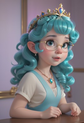 1girl,solo,long hair,looking at viewer,blush,bangs,blue eyes,shirt,dress,jewelry,blue hair,white shirt,upper body,short sleeves,earrings,parted lips,glasses,teeth,artist name,indoors,necklace,blurry,flat chest,aqua eyes,lips,eyelashes,aqua hair,makeup,depth of field,blurry background,blue dress,watermark,wavy hair,table,tiara,crown,gem,child,web address,pendant,freckles,curly hair,nose,round eyewear,yellow-framed eyewear,smile,green eyes,collarbone,green hair,pointy ears,shiny