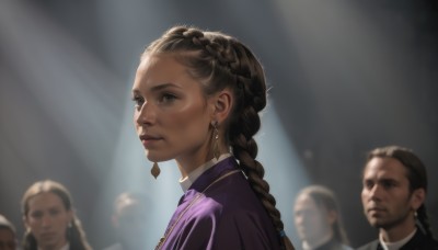 1girl,long hair,looking at viewer,blue eyes,brown hair,jewelry,closed mouth,upper body,braid,earrings,multiple boys,solo focus,necklace,blurry,from side,lips,looking to the side,single braid,depth of field,blurry background,portrait,purple dress,6+boys,realistic,nose,multiple others,crowd,multiple girls,dark skin,3girls,dark-skinned female,sunlight,light rays,purple jacket,sunbeam