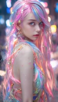 1girl,solo,long hair,breasts,looking at viewer,bangs,blue eyes,hair ornament,dress,bare shoulders,jewelry,closed mouth,blue hair,upper body,pink hair,braid,multicolored hair,earrings,sleeveless,artist name,star (symbol),blurry,from side,lips,streaked hair,looking to the side,eyelashes,makeup,depth of field,blurry background,watermark,lipstick,gem,web address,freckles,pink lips,realistic,nose,bokeh,mascara,medium breasts,necklace,two-tone hair,swept bangs,expressionless,feathers,beads,pearl (gemstone)