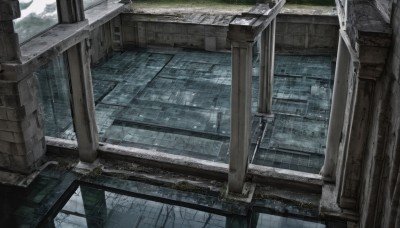 outdoors,sky,cloud,water,tree,no humans,window,building,scenery,rain,stairs,railing,ruins,bridge,pillar,day,grass,architecture,east asian architecture