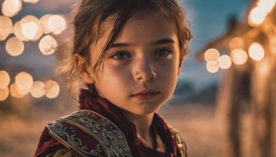 1girl,solo,looking at viewer,short hair,brown hair,black hair,brown eyes,closed mouth,upper body,outdoors,armor,blurry,black eyes,lips,depth of field,blurry background,expressionless,shoulder armor,portrait,pauldrons,realistic,nose,bokeh,sky,messy hair,dirty,dirty face