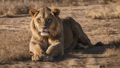 solo,looking at viewer,closed mouth,full body,outdoors,lying,blurry,no humans,depth of field,blurry background,animal,grass,claws,realistic,animal focus,on ground,tiger,brown theme,signature,water,on stomach,sand