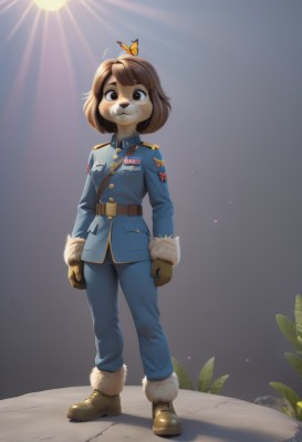 1girl,solo,looking at viewer,smile,short hair,bangs,brown hair,gloves,long sleeves,animal ears,brown eyes,closed mouth,standing,jacket,full body,boots,outdoors,belt,pants,artist name,signature,grey background,uniform,fur trim,military,military uniform,:3,brown footwear,bug,plant,blue jacket,butterfly,dog ears,furry,brown gloves,clenched hands,backlighting,pocket,furry female,sun,blue pants,brown belt,animal nose,fur-trimmed boots,medal,buttons,moon,grass,epaulettes,dog tail,arms at sides,dog girl,body fur,leather,military jacket,brown fur