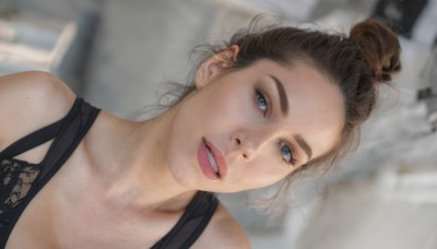 1girl,solo,breasts,looking at viewer,smile,blue eyes,brown hair,bare shoulders,collarbone,upper body,parted lips,teeth,hair bun,mole,blurry,lips,head tilt,blurry background,single hair bun,tank top,portrait,realistic,open mouth,artist name,indoors,dutch angle,eyelashes,depth of field,traditional media,freckles,nose