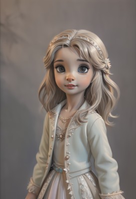 1girl,solo,long hair,looking at viewer,smile,blonde hair,brown hair,hair ornament,long sleeves,dress,brown eyes,jewelry,upper body,flower,hairband,parted lips,hair flower,necklace,lips,child,freckles,realistic,female child,simple background,makeup,lipstick,red lips