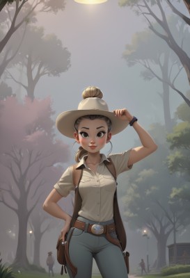 1girl,solo,long hair,breasts,looking at viewer,blush,brown hair,shirt,hat,brown eyes,jewelry,medium breasts,standing,collarbone,white shirt,ponytail,short sleeves,cowboy shot,earrings,outdoors,parted lips,teeth,solo focus,collared shirt,belt,pants,hair bun,vest,bracelet,tree,lips,hand on hip,dress shirt,buttons,single hair bun,grass,denim,buckle,contrapposto,pocket,watch,pouch,jeans,hoop earrings,lantern,belt buckle,hand on headwear,blue pants,breast pocket,holster,lamppost,cowboy hat,brown vest,smile,weapon,bag,gun,nature,backlighting,freckles,silhouette,red lips,wristwatch,cowboy western