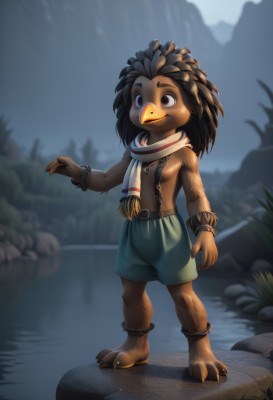 solo,smile,brown hair,black hair,1boy,brown eyes,jewelry,closed mouth,standing,full body,male focus,outdoors,shorts,barefoot,belt,artist name,water,necklace,blurry,black eyes,bracelet,blurry background,bird,feathers,furry,topless male,rock,anklet,furry male,male child,green shorts,river,tribal,1girl,long hair,breasts,animal ears,jacket,tail,hand up,signature,scarf,night,watermark,grass,claws,brown jacket,furry female,facepaint,looking afar,animal nose,snout,lake,brown fur,beak,dreadlocks