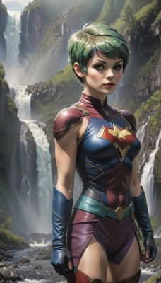 1girl,solo,breasts,looking at viewer,short hair,thighhighs,gloves,brown eyes,medium breasts,green eyes,standing,cowboy shot,parted lips,green hair,shorts,fingerless gloves,water,armor,lips,wet,shoulder armor,superhero,waterfall,elbow gloves,realistic,shoulder pads