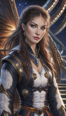 1girl,solo,long hair,breasts,looking at viewer,brown hair,long sleeves,dress,cleavage,brown eyes,jewelry,medium breasts,closed mouth,upper body,earrings,wings,sky,belt,mole,lips,coat,fur trim,mole under eye,makeup,lipstick,brooch,gem,star (sky),freckles,nose,red lips,necklace,armor,forehead,backlighting,realistic