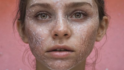 1girl,solo,looking at viewer,brown hair,1boy,brown eyes,male focus,parted lips,teeth,water,lips,wet,pink background,portrait,close-up,reflection,realistic,nose,wet hair,blurry,eyelashes,straight-on