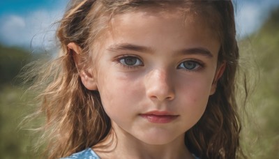 1girl,solo,long hair,looking at viewer,brown hair,closed mouth,outdoors,sky,day,blurry,blue sky,lips,grey eyes,depth of field,blurry background,expressionless,messy hair,portrait,close-up,forehead,realistic,nose,red lips,brown eyes,eyelashes,wind