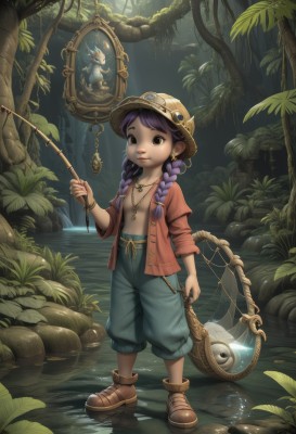 1girl,solo,long hair,shirt,hat,navel,holding,brown eyes,jewelry,standing,full body,purple hair,braid,earrings,open clothes,pants,water,necklace,twin braids,bracelet,tree,open shirt,brown footwear,red shirt,child,nature,forest,reflection,fish,female child,fishing rod,breasts,looking at viewer,smile,twintails,nipples,jacket,boots,outdoors,shoes,flat chest,open jacket,helmet,staff,rock,fantasy,holding staff,river