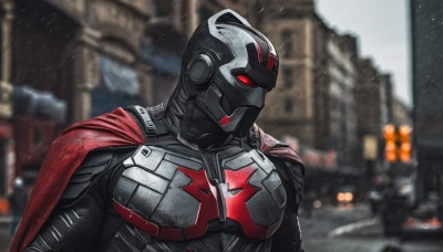 solo,red eyes,1boy,upper body,male focus,outdoors,cape,armor,blurry,mask,blurry background,helmet,building,motor vehicle,rain,city,red cape,superhero,depth of field,black cape,power armor