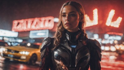 1girl,solo,long hair,brown hair,brown eyes,upper body,outdoors,armor,blurry,lips,looking to the side,bodysuit,depth of field,blurry background,looking away,ground vehicle,shoulder armor,motor vehicle,science fiction,breastplate,realistic,car,power armor,neon lights,braid,backlighting