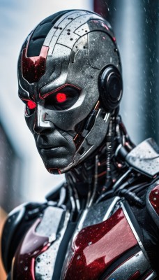 solo,looking at viewer,red eyes,1boy,upper body,male focus,blurry,blurry background,glowing,helmet,robot,portrait,glowing eyes,colored sclera,science fiction,rain,black sclera,cyborg,armor,realistic,android,superhero,power armor