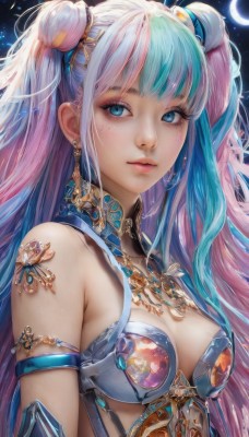 1girl,solo,long hair,breasts,looking at viewer,bangs,blue eyes,hair ornament,cleavage,bare shoulders,twintails,jewelry,medium breasts,closed mouth,blue hair,upper body,pink hair,white hair,multicolored hair,earrings,sky,necklace,hair bun,armor,two-tone hair,two side up,lips,eyelashes,double bun,aqua hair,makeup,night,moon,crescent,gem,star (sky),night sky,armlet,starry sky,freckles,realistic,nose,bikini armor,crescent moon,mascara,artist name,looking to the side