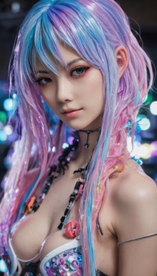 1girl,solo,long hair,breasts,looking at viewer,smile,bangs,cleavage,bare shoulders,jewelry,medium breasts,closed mouth,blue hair,upper body,pink hair,bikini,multicolored hair,choker,artist name,blurry,black eyes,two-tone hair,lips,grey eyes,gradient hair,makeup,depth of field,blurry background,watermark,web address,realistic,nose,hair between eyes,green eyes,swimsuit,necklace,bra,eyelashes,armlet,pink lips,cable,bokeh