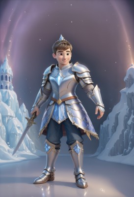 solo,looking at viewer,smile,short hair,brown hair,1boy,holding,brown eyes,standing,full body,weapon,male focus,boots,pants,sword,artist name,holding weapon,armor,black eyes,night,holding sword,crown,shoulder armor,gauntlets,gem,pauldrons,ice,crystal,breastplate,fantasy,vambraces,armored boots,male child,greaves,faulds,castle,knight,teeth,black pants,snow