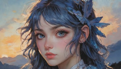 1girl,solo,long hair,looking at viewer,bangs,blue eyes,black hair,hair ornament,blue hair,hairband,outdoors,parted lips,sky,cloud,lips,eyelashes,portrait,close-up,sunset,mountain,realistic,nose,butterfly hair ornament,blue hairband,mountainous horizon,feathers,feather hair ornament,dark blue hair