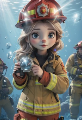 1girl,long hair,looking at viewer,blush,smile,blue eyes,blonde hair,gloves,long sleeves,hat,holding,closed mouth,standing,jacket,cowboy shot,multiple boys,solo focus,pants,2boys,water,uniform,sweater,lips,eyelashes,sunlight,helmet,child,red headwear,freckles,fish,bubble,pocket,light rays,underwater,camera,female child,air bubble,binoculars,holding camera,flashlight,aquarium,jewelry,artist name,turtleneck,facial hair,backlighting,ice,nose,sunbeam