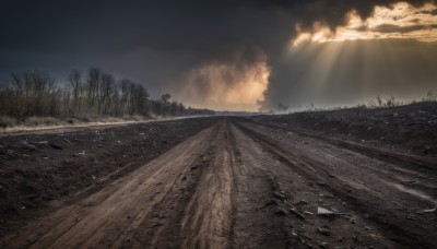 outdoors,sky,day,cloud,water,tree,no humans,bird,sunlight,cloudy sky,grass,ground vehicle,nature,scenery,motor vehicle,forest,sunset,light rays,mountain,sun,road,sunbeam,landscape,ocean,sand,horizon