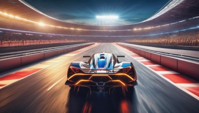 sky,no humans,ground vehicle,motor vehicle,science fiction,car,light,road,vehicle focus,lights,sports car,stadium,lens flare,realistic