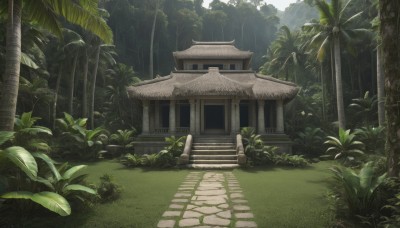 outdoors,day,tree,no humans,sunlight,grass,plant,building,nature,scenery,forest,rain,stairs,bush,architecture,house,east asian architecture,shrine,stone lantern