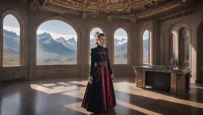 1girl,solo,looking at viewer,short hair,brown hair,black hair,hair ornament,long sleeves,dress,brown eyes,jewelry,closed mouth,standing,earrings,day,indoors,hair bun,black dress,window,shadow,table,sunlight,single hair bun,scenery,reflection,robe,mountain,arms at sides,pillar,painting (object),carpet,sky,sash,chinese clothes,wide shot