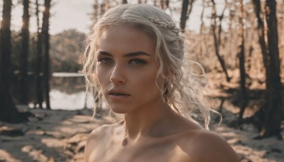 1girl,solo,long hair,looking at viewer,jewelry,collarbone,upper body,braid,white hair,nude,earrings,outdoors,parted lips,day,blurry,tree,lips,grey eyes,depth of field,blurry background,portrait,nature,forest,freckles,realistic,bare shoulders,teeth,sunlight