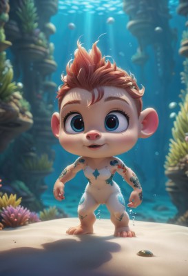 1girl,solo,looking at viewer,smile,short hair,open mouth,blue eyes,brown hair,navel,standing,full body,nude,red hair,small breasts,barefoot,teeth,artist name,blurry,tattoo,blurry background,watermark,sunlight,child,furry,freckles,fish,bubble,underwater,furry female,air bubble,male child,shell,starfish,submerged,buck teeth,coral,animal ears,water,orange hair,sand