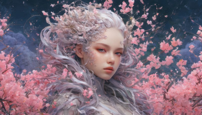 1girl, solo, long hair, looking at viewer, closed mouth, flower, white hair, lips, grey eyes, petals, cherry blossoms, portrait, realistic, nose, branch