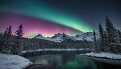 outdoors,sky,cloud,water,tree,no humans,night,star (sky),nature,night sky,scenery,snow,forest,starry sky,reflection,mountain,winter,river,landscape,lake,pine tree,aurora