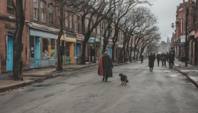 1girl,brown hair,outdoors,multiple boys,sky,solo focus,day,cloud,hood,from behind,cape,tree,coat,window,ground vehicle,building,scenery,cloak,snow,walking,6+boys,dog,city,sign,road,winter,multiple others,lamppost,bare tree,street,grey sky,people,pavement,6+others,child,leash,ambiguous gender