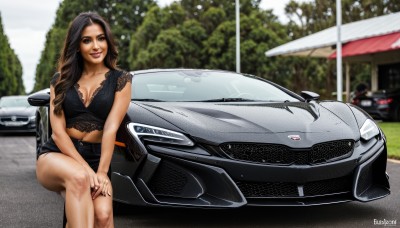 1girl,solo,long hair,breasts,looking at viewer,smile,brown hair,black hair,navel,cleavage,brown eyes,medium breasts,sitting,outdoors,shorts,midriff,artist name,nail polish,blurry,tree,lips,looking to the side,short shorts,blurry background,umbrella,black shorts,ring,denim,ground vehicle,black nails,motor vehicle,denim shorts,realistic,car,vehicle focus,sports car,on vehicle,large breasts,day,crop top,lace trim,lace