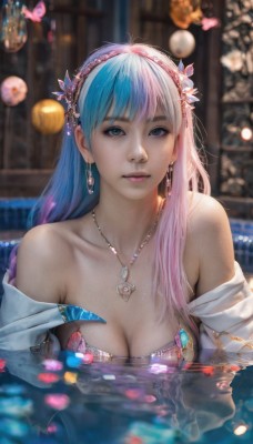 1girl,solo,long hair,breasts,looking at viewer,bangs,blue eyes,hair ornament,cleavage,bare shoulders,jewelry,medium breasts,closed mouth,blue hair,collarbone,swimsuit,upper body,pink hair,bikini,multicolored hair,hairband,earrings,artist name,water,necklace,off shoulder,blurry,two-tone hair,lips,wet,grey eyes,petals,depth of field,blurry background,bug,gem,butterfly,pendant,partially submerged,realistic,nose,pink bikini,pool,makeup