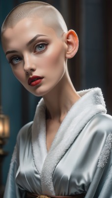 1girl,solo,looking at viewer,short hair,blue eyes,blonde hair,upper body,parted lips,blurry,lips,grey eyes,eyelashes,makeup,blurry background,lipstick,freckles,robe,realistic,red lips,bald,very short hair,japanese clothes,fur trim,animification