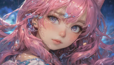 1girl, solo, long hair, looking at viewer, blush, bangs, blue eyes, hair ornament, animal ears, hair between eyes, jewelry, closed mouth, pink hair, earrings, cat ears, lips, eyelashes, portrait, close-up